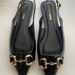 Fashion Nova Black Patent Slingback Flats with Gold Buckle